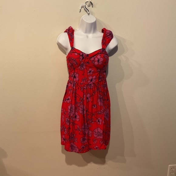 Free People Red Floral Mini Dress Small Boho Convertible Strap Fit & Flare - Picture 3 of 8